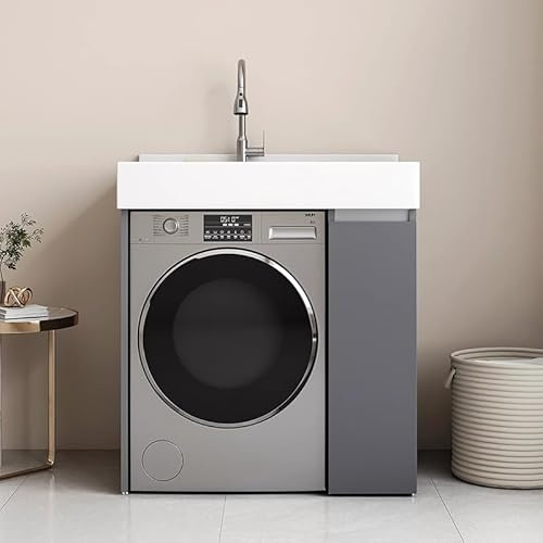 Mobile portaoggetti 2 in 1 per lavatrice e mobiletto da bagno, moderno, 90 cm, piccolo lavandino con rubinetto, in acciaio inox, design salvaspazio