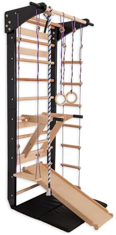 Ribbstol i trä med rutschkana, matta och tillbehör – inomhus klätterställning för barn och vuxna – gymnastikvägg komplett set upp till 150 kg – massiv (tall/bok) (svart)
