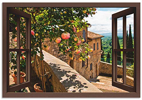ARTland Wanddeko Wandbild Alu Verbundplatte für Innen & Outdoor Bild Fensterblick Fenster Toskana Landschaft Garten Rosen Balkon Natur T5QB