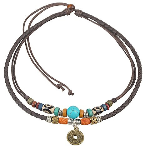 Ancient Tribe Boho Doppelband Choker Halskette mit Münzanhänger & Türkisperle, Braunes Leder- und Hanfband, 38 cm