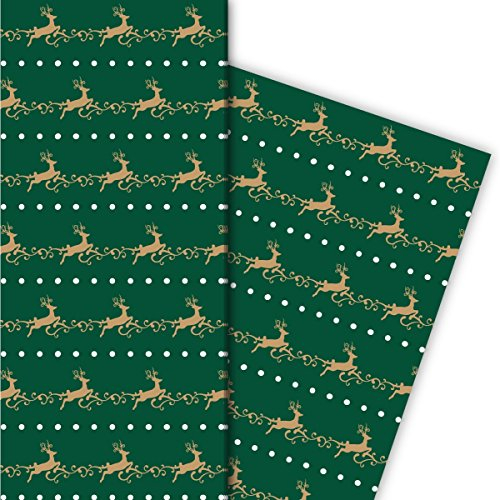 Kartenkaufrausch Edles Streifen Weihnachtspapier, Geschenkpapier Set zu Weihnachten mit springenden Hirschen, grün, für tolle Geschenk Verpackung, Designpapier, scrapbooking, 4 Bogen, 32 x 48cm