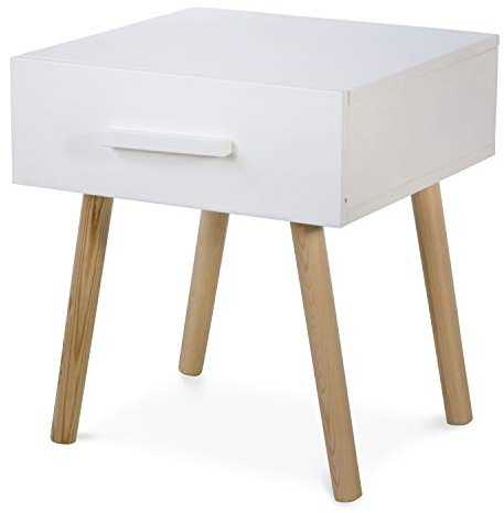 Homestyle4u Nachttisch Weiß Kiefer mit Schublade, 40x40x46 cm | Nachtschrank aus Kiefernholz, Korpus weiß lackiert, Beine Natur – Skandinavisches Retro-Design