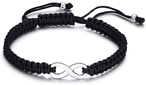 Cupimatch Bracciale Braccialetto Semplice in Acciaio Inossidabile Corda di Cuoio Simbolo dell'infinito Regolabile Nero Regalo Perfetto