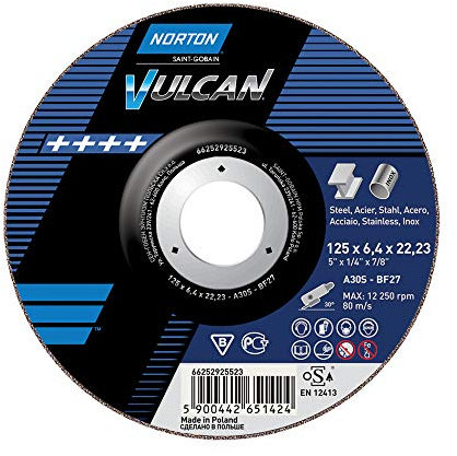 Norton Lot de 10 disques à ébarber coudés 125 x 6,4 x 22,23 A 30 P Vulcan Fast Cut