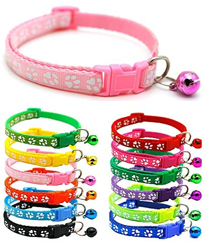 Small Dog Puppy Pet Collar Pawprint Design with Bell Nylon Adjustable Size 19-32cm Light Pink
