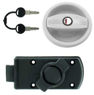 Serrure extérieure Blanche avec Serrure intérieure Noire à Bouton pour Porte de Caravane avec Ouverture à Gauche + Barillet & clés