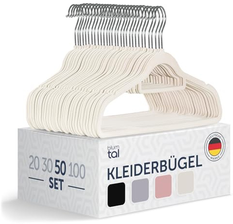 Blumtal 50 Stück Kleiderbügel aus Samt – Samt-Kleiderbügel, rutschfest, um 360° drehbar, platzsparend, hochwertig mit Krawattenklammer – Elfenbein