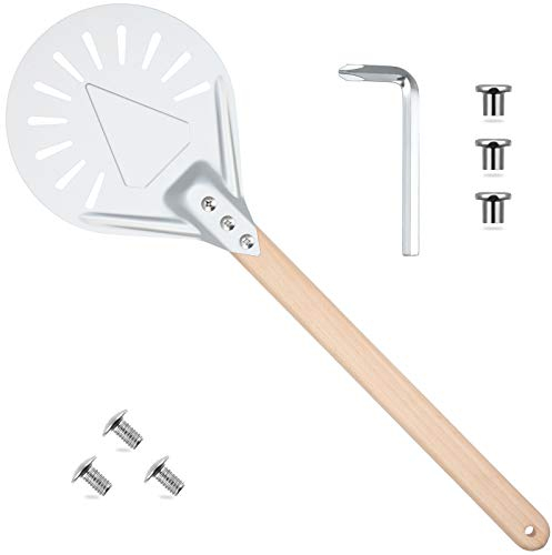 Pizza Turning Peel Perforated Pizza Turner Round Metal Aluminum Turning Peel Paddle with 16 Inch Anti-scalding Non-slip Durable Wooden Handle for Homemade Bread Bakers Oven Accessories(7 Inch)