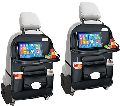 Akamino 2 Pack Car Backseat Organize, PU Leather Car Seat Back Organiser with Foldable Tray Table and Multi Pockets for Travel, Parents Drivers, Kids Toys Food Storage