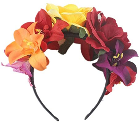 QUUPY Couronne de fleurs mexicaines pour Halloween, rose, couronne de fleurs, accessoire de cheveux pour cosplay, carnaval, fête, plage, vacances