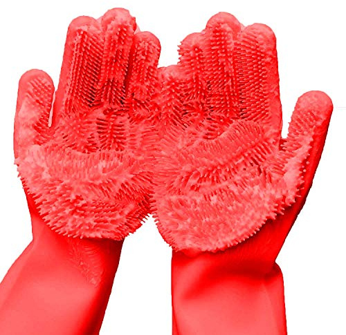 Wiederverwendbare Silikon-Geschirrspülhandschuhe, Gummi-Scheuerhandschuhe für Geschirr, Reinigungsbürste mit Schwamm, für Hausarbeit, Küche, Auto, Fensterreinigung. 1 Paar (34,5 cm groß) (rot)
