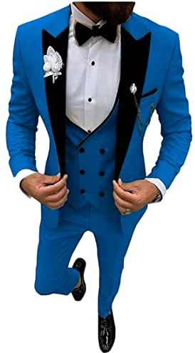 Smoking da uomo in 3 pezzi con revers a spigolo - Abito a bottone singolo - Per matrimoni, affari e tempo libero - Gilet, giacca e pantaloni, blu, 48