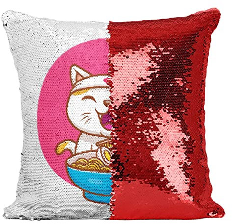 Fabulous Kissen mit Paillettenbezug Rot Neko Ramen Japan Katze Illustration Design Japan Anime