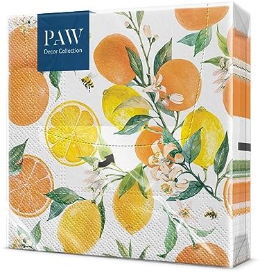 PAW - Servietten 3-lagig (33 x 33 cm) I 20 Stück I Perfekt für Geburtstage, Partys, Hochzeiten, Kommunion und Feiern I Papierservietten Bunt - Obst, Zitrusfrüchte I Citrus with bees