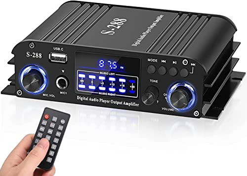 Amplificateur Audio 4 canaux, 1200W HiFi Amplificateur Stéréo Bluetooth 5.0, SD/entrée USB/Radio FM, pour la Maison ou Votre Voiture RMS 35W x4 (S288)