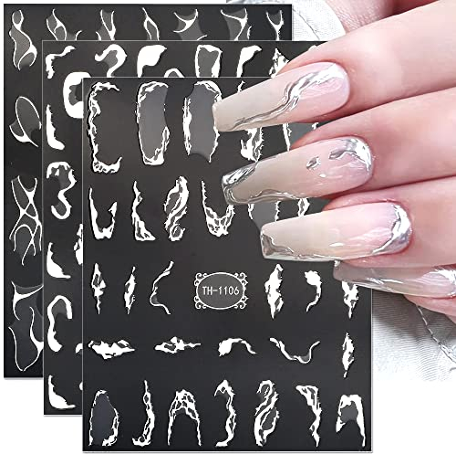 6 Blätter Metallic Silber Nagelsticker Selbstklebend Bronzieren Silber Marmor Nagelaufkleber 3D Wellen Linien Nageldesign Nail Sticker Französische Linie Nagel Stickers Nail Art Aufkleber für Nägel