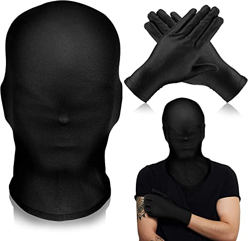 Charfia Schwarze Maske Halloween, Halloween Masken Vollgesichtsmaske Kostüm Unisex Gesichtslose Maske mit Schwarzen Handschuhen, Spandex Halloween Maske Cosplay