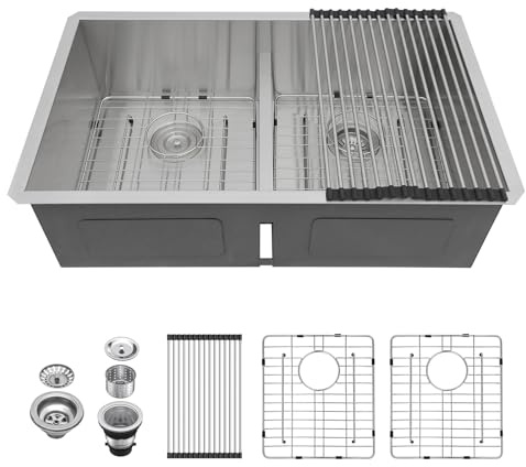Lordear 32 Inch Undermount Double Bowl Kitchen Sink 16 Gauge Stainless Steel Double Bowl with Low Divider 32x19 Inch Double Basin Kitchen Sinks 50/50 Handmade