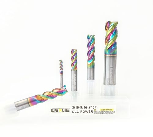 WEXWE Tools Carbide End Mills Set, DLC Coating, CNC Mill Bits for Aluminum, Composite Materials,3 Flute Solid Carbide Square End Mills (1/8 3/16 1/4 3/8 1/2 5pcs)