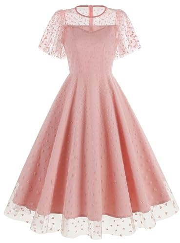 Damenkleid aus Netzstoff, Blumenstickerei, Vintage, Cocktailkleid, Swing-Kleid, Rüschenärmel, besticktes Blumenkleid für Damen, Tüll, Ballkleid, Pink Love Heart, Groß