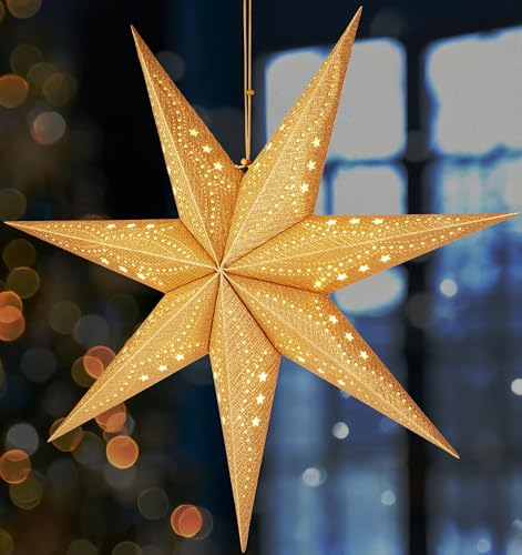 BRUBAKER 3D Weihnachtsstern zum Aufhängen - Fenster Papierstern mit E14 Fassung - 60 cm Deko Muster Adventsstern - Weihnachten Leuchtstern Set mit 3,5 m Kabel - Hängend - Gold
