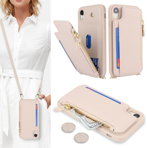 SailorTech, für iPhone XR Handyhülle mit Kreditkartenhalter für Damen, iPhone XR Lederhülle, Geldbörse, Umhängetasche mit Kreditkartenfächern, Reißverschluss, stoßfeste Hülle für Herren – Aprikose