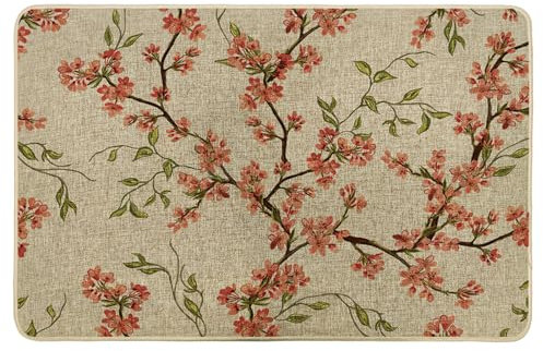 Frühlings-Fußmatte, Landhausstil, Blumen und Pflanzen, hübsch, rosa und weiß, Gummi, saugfähig, rutschfest, waschbar, Haustür, Innen- und Außenbereich, Küche, Camping, 43,2 x 73,2 cm