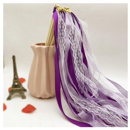 Hrlace 20 Stück Wedding Wands Ribbon Zauberstäbe Hochzeit Luftschlangen mit Glocken Spitzenfeenstab Seidenfeenstab für Hochzeit Weihnachten Geburtstag Baby Party Urlaub Feiern Lila 20 Stück
