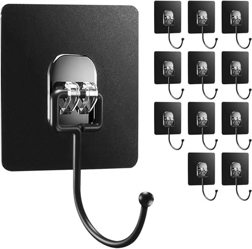 HASA zone 12 Piezas Ganchos Adhesivos para Pared, Colgadores Adhesivos Resistentes No Perforantes 5kg, Ganchos de Cocina/Baño, Impermeables, Resistentes a la Herrumbre(Negro)