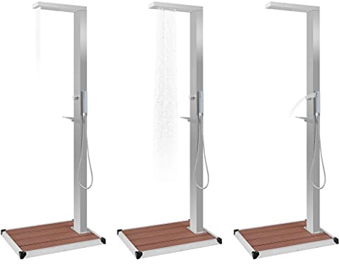 Willood Gartendusche mit Bodenelement Braun WPC Edelstahl Silber,Außendusche garten,Gartendusche bodenplatte,Gartendusche mit handbrause,Duschwanne Pooldusche,Regendusche Campingdusche