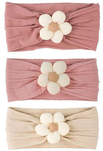 Baby Flower Headbands 3Pcs, Stretchy Floral Hair Bows for Newborn Girls Infant Toddlers, Soft Elastic Hair Ties, Kids Birthday Photo Prop Accessories