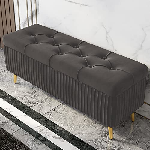 Ottoman-Bank aus Samt mit Stauraum und goldfarbenen Metallbeinen, moderne Bettbank mit Aufbewahrungsknopf, getuftet, für Wohnzimmer, Schlafzimmer, Flur, 100/90/80 x 40 x 45 cm (Gold, 90 x 40 x 45 cm)