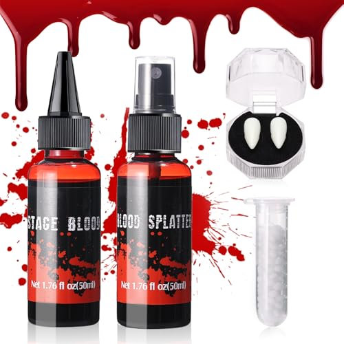 Prreal Halloween Blood Vampire Teeth Set,4Pcs Halloween Makeup Set of Fake Blood Spray,Dripping Artificial Blood,Vampire Teeth with Pellets Glue.Realistic,Washable and Safe for Halloween,Vampire,01