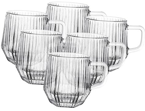 OKUMEYR 6pièces Verres Transparent Avec Poignée à Café Jus Et Eau Design Stries Pour Boissons Chaudes Et Froides