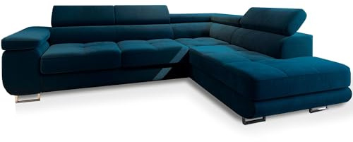 Masseno Ecksofa Selva R-S mit Schlaffunktion L-Form, Glamour Sofa mit Bettkasten, Wohnzimmersofa, Couch, Soffa, Bettsofa, Couchgarnitur - Blau, Monolith 77