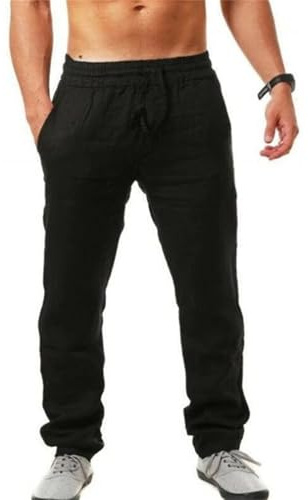 Gellmall herr, oversize linnebyxor, lätta sommarbyxor, fritidsbyxor med dragskofickor, lösa ventilerande strandbyxor L-4XL, Svart A, S