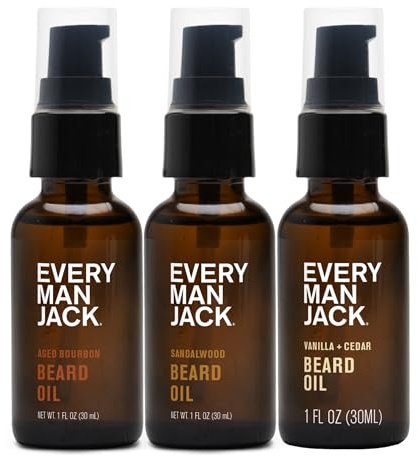 Every Man Jack Beard Oil Gift Set for Men – Full Size 3-pack - Sandalwood, Vanilla + Cedar & Aged Bourbon Scents – Softens Beard + Adds Shine - Naturally Derived w/Shea Butter – 1 fl oz (3 Pack)