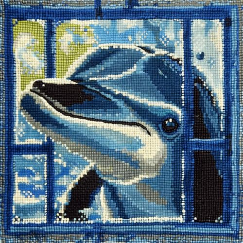 ASONGLINGO Kreuzstich Knüpfkissen Zum Selber knüpfen Kissen Set Cartoon-Delfin Knüpfpackungen Für Anfänger, Diy-Kissen, latch hook kits,Heimdekoratio 43x43cm