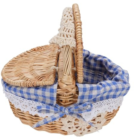 Oreilet Cestino da Picnic Vocatore, Cestino da Picnic Intrecciato con Coperchio e Manico, Cesto di Salice Ovale per Picnic, Campeggio, Raccolta di Verdure, Festa della Mamma (Plaid Blu)