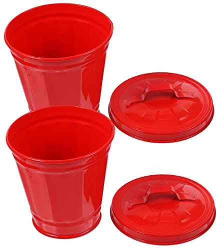 HOLIDYOYO 2pcs Petite Poubelle Galvanisée Rouge Couvercle, Seau à Déchets de Bureau en Fer, Bien Conçue, Gain de Place, pour Plan de Travail et Table