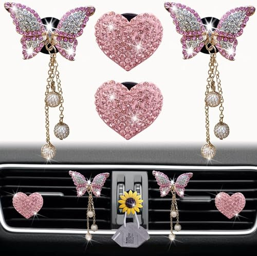 4 x pinke Herz- und Schmetterlings-Lüftungs-Clips, glitzernde Diamant-Auto-Lufterfrischer mit Sonnenblumen-Maskenhaken, niedliche Innendekoration, Glitzer-Zubehör und Girlly