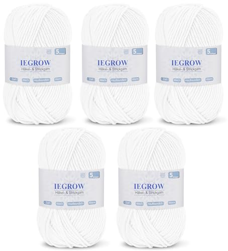 Handstickningsgarn 250 g, virkat garn, akrylgarn för stickning, virkgarn för nybörjare, lämpligt för stickning, virkning och handarbete, mjukt och bekvämt (5 x 50 g) rent vitt