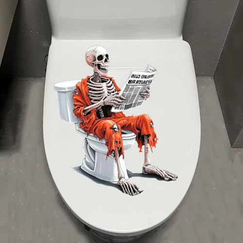 Leniutor 1 autocollant squelette étanche pour abattant de WC - Motif squelette assis sur le siège de toilette - Autocollant amusant en forme de tête de mort pour salle de bain, toilettes, porte