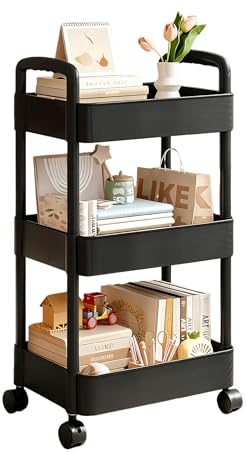 MEETOZ 3 Tier Metal Storage Trolley, 3 Tier Rolling Cart with Handle, Kitchen Rolling Utility Cart Storage Organiser, for Living Room Bathroom Kitchen Office Laundry Room, Narrow Places