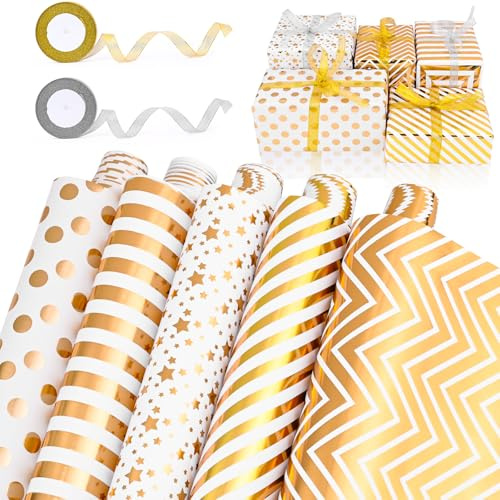 HOMIKLSA Presentpapper vitt guld, 5 rullar presentpapper gift (43 cm x 300 cm) med band guldtejp för stor festival barnfödelsedag bröllop baby fest