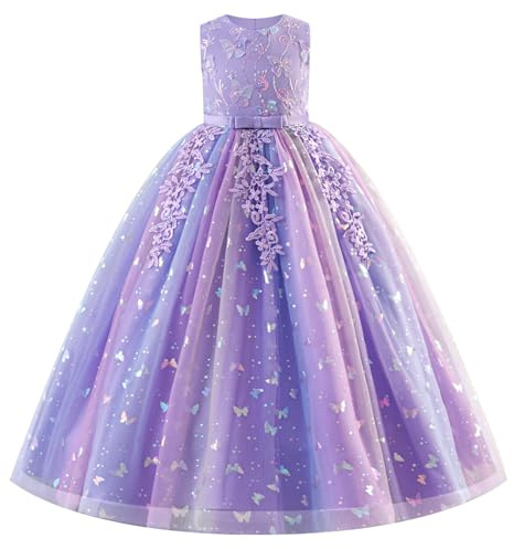 FYMNSI Flower Girls Dress Kids Sleeveless Butterfly Tulle Tulle Princess A-line Long Maxi Formal Dresses Birthday Party Wedding Guest Pageant Ceremony Evening Ball Prom Gown Lilac 11-12 Years