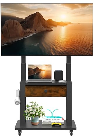 Support TV Roulant avec tiroir de Rangement en Tissu pour écran Plat/incurvé de 32 à 75 Pouces jusqu'à 100 kg LCD/LED/OLED Hauteur réglable Chariot TV Mobile avec Roues pour la Maison, Le Bureau et