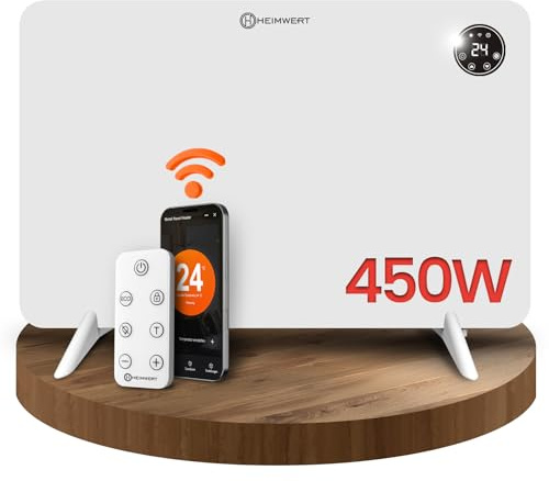 HEIMWERT Infrarot Wandheizung 450W - Sofort Wohlfühlwärme - Senkt Heizkosten enorm - Luxusausstattung mit Thermostat + App - Langlebig, Geräuschlos - 2in1 Wandmontage und Standgerät (450Watt)