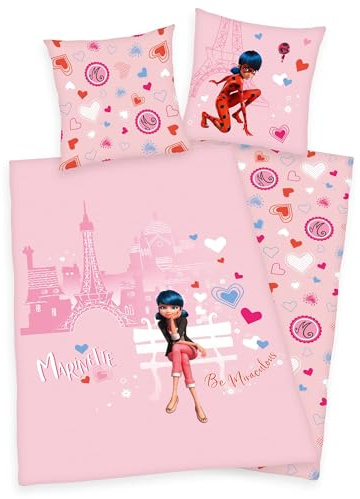 Miraculous Ladybug Flanell Wende Bettwäsche-Set rosa Bettbezug 135 x 200 cm Kissenbezug 80x80 cm Kinderbettwäsche aus 100% Baumwolle mit Reißverschluss