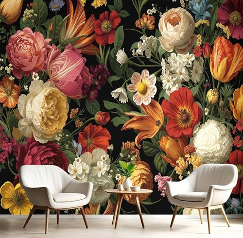 Papel Pintado Estilo Barroco 300 * 210cm Fotomurales Tejido Seda, Rosas Peonías Tulipanes Papel Tapiz Murales Fotográfico Decoración de Paredes Para Salón o Dormitorio
